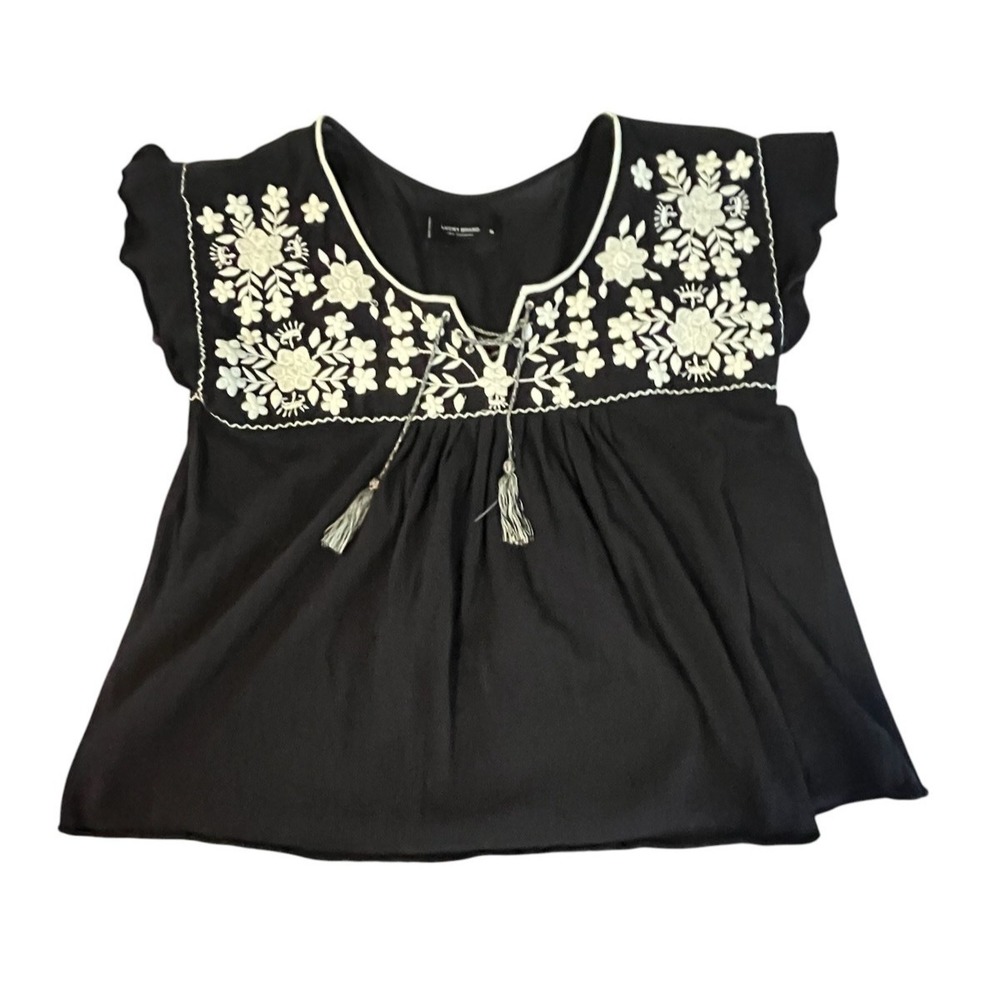 Lucky Brand Women's Embroidered Floral Tasseled Boho Top Black‎ M